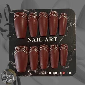 Matte Burgundy and Gold Long Coffin Press On Nails - Size Medium